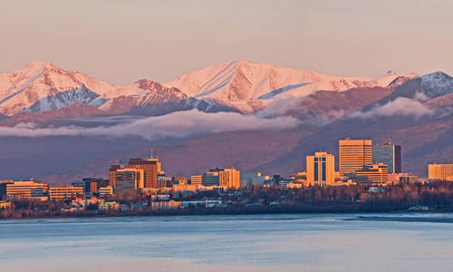Anchorage, Alaska skyline at sunset