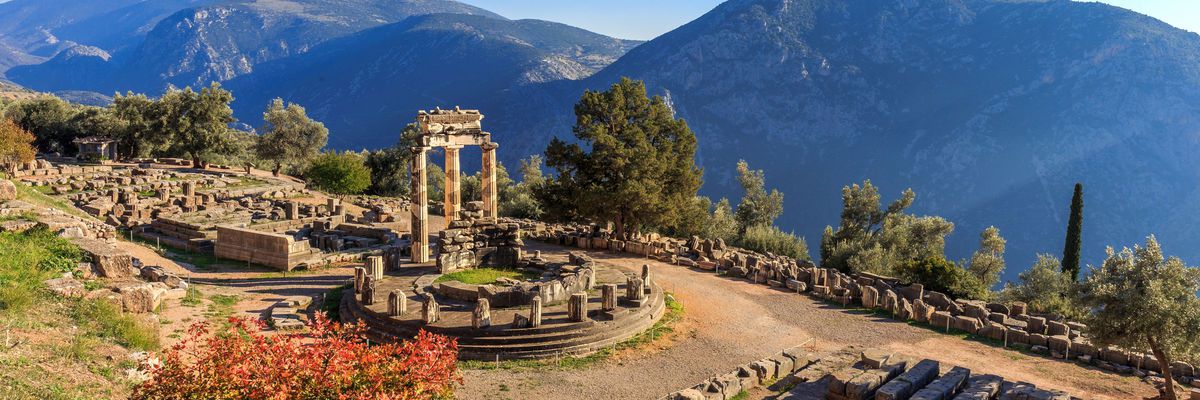 Athina Pronaia temple ruins in Ancient Delphi