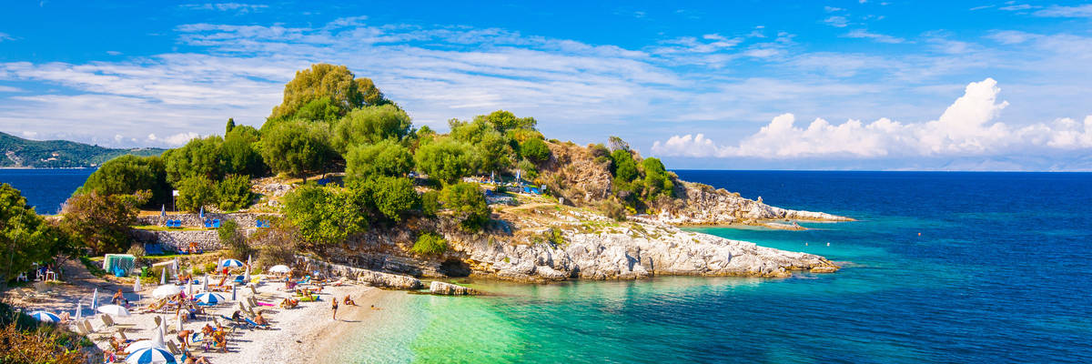 Beautiful view of the beach in an old village of Corfu Island