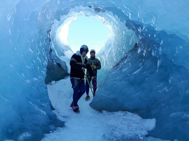 Two young men on a glacier hike