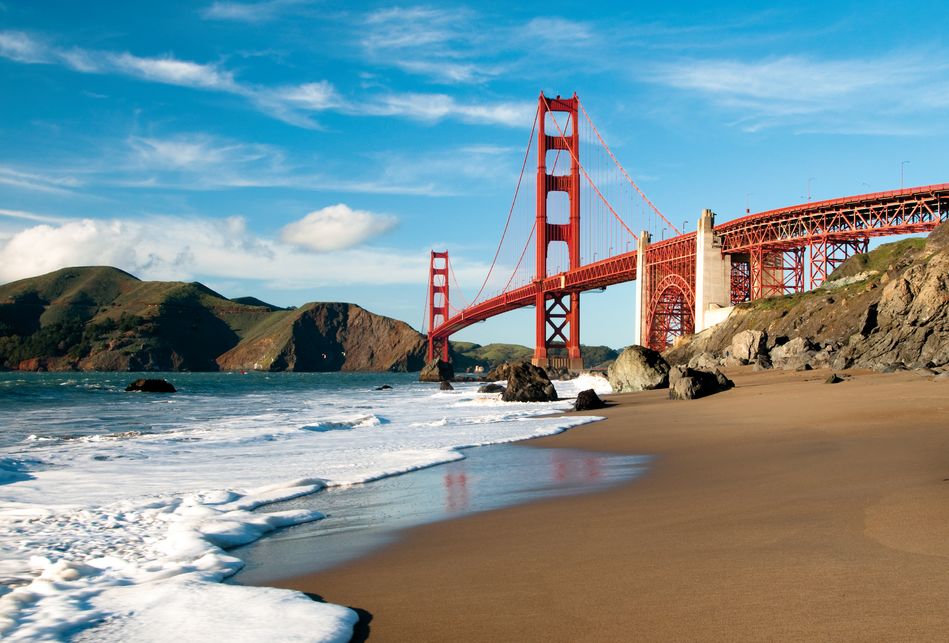 View from the shore of San Fran's Golden Gate Bridge