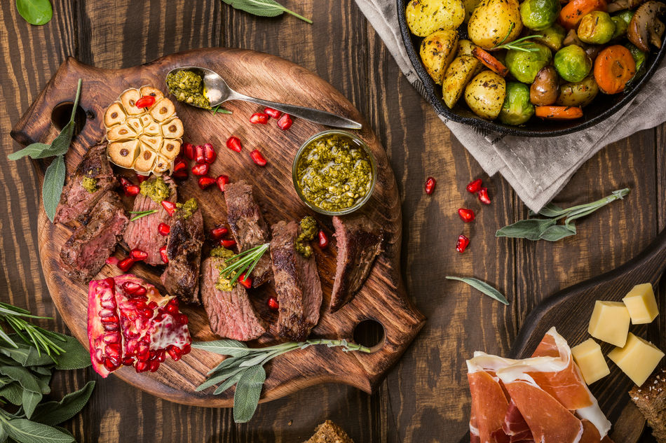 Dish of kangaroo meat and garnishes