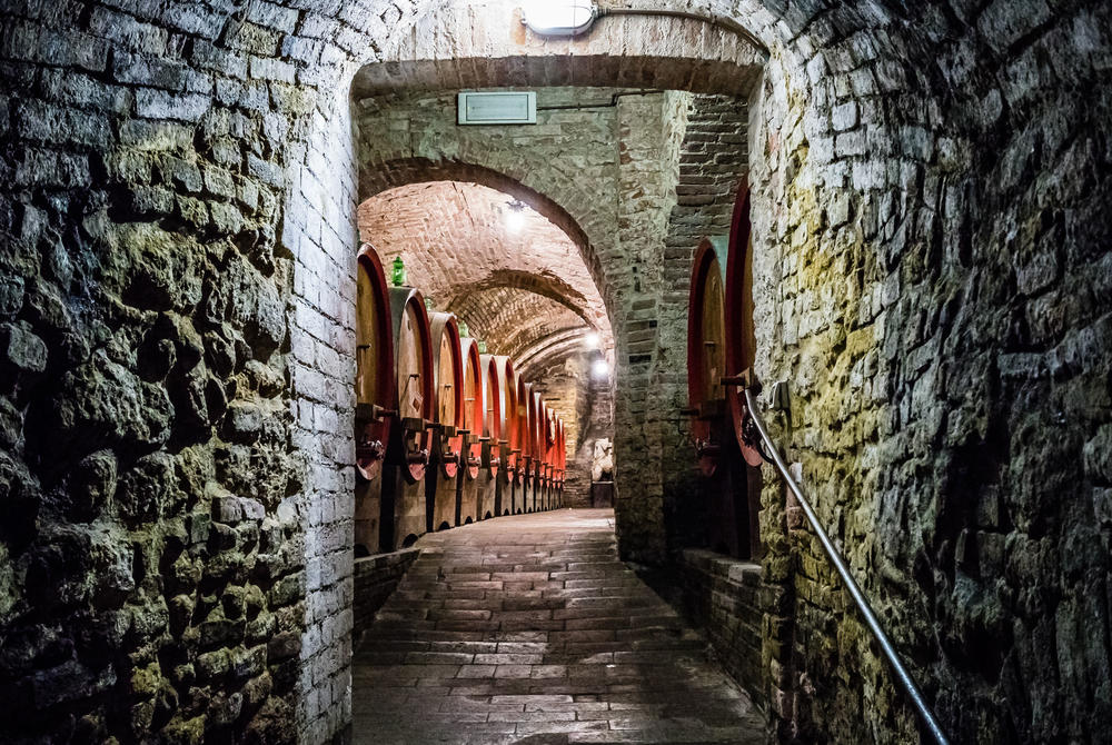 Medieval wine cellar and barrels in Tuscany, Italy