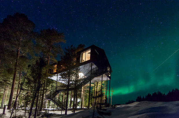 Treehotel and Northern Lights in winter in the forest of Harads, Swedish Lapland