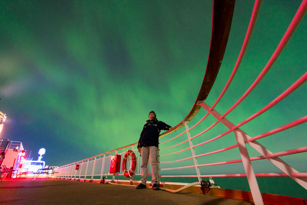 Hurtigruten cruise ship under Northern Lights