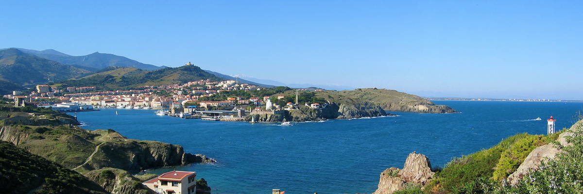 Panoramic view over Mediterranean bay of Port-Vendres, Roussillon, Pyrenees Orientales, Vermilion coast, France