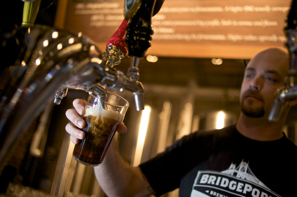 Pouring a pint at Bridgeport Brewing Company, Portland