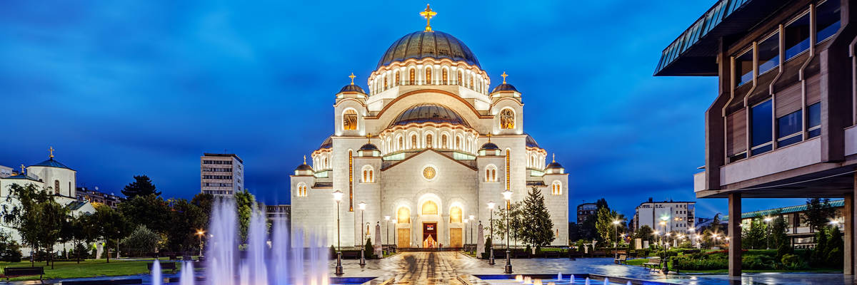 Saint Sava temple with fountain in Belgrade, Serbia