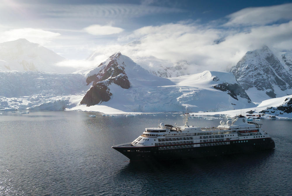 Silversea ship sailing through Antarctic waters