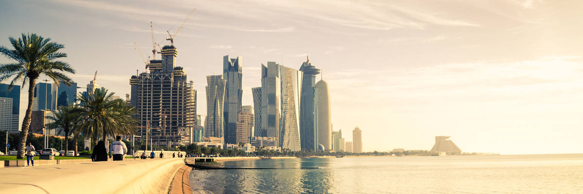 The skyline of the modern and high-rising city of Doha in Qatar, Middle East