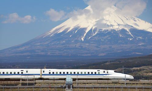 Tokaido Shinkansen bullet train passing Mt Fuji, Japan