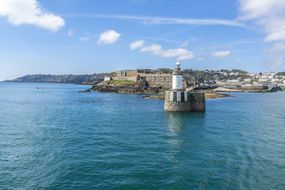 View from English Channel to town of Saint Peter Port, Guernsey, UK