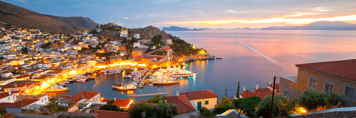 View of port of Hydra from a hill above the town