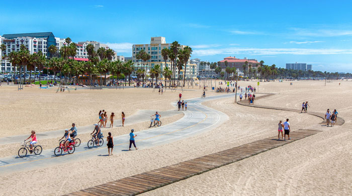 Cycling on Santa Monica Beach, Santa Monica, California