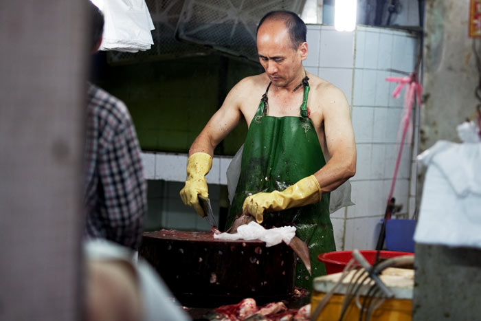 Preparing fish near Macau's port